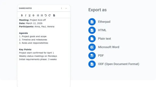 Shared meeting notes with export options in an online meeting application