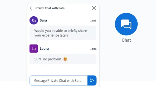 Private chat window showing Sara asking for feedback and Laura replying