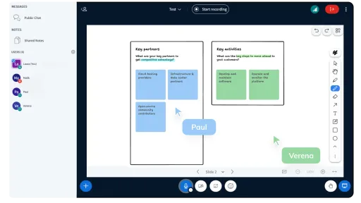 Screenshot of a collaborative whiteboard showing a slide with two panels, containing colored sticky notes. Participant names appear on the canvas, with toolbars on the side and controls at the bottom.