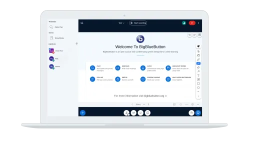 Screenshot of the BigBlueButton interface on a laptop screen, showing a welcome page with feature icons, a participant list on the left, and meeting controls and tools around the presentation area.