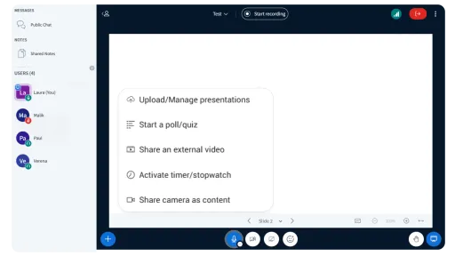 Screenshot of the BigBlueButton interface on a laptop screen, showing a welcome page with feature icons, a participant list on the left, and meeting controls and tools around the presentation area.