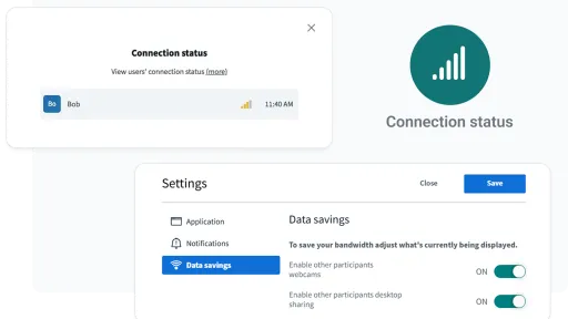 Interface showing connection status and data savings settings with user status and toggle options.
