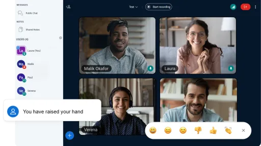 Video conference interface showing four participants, a raised-hand notification, and reaction emojis.